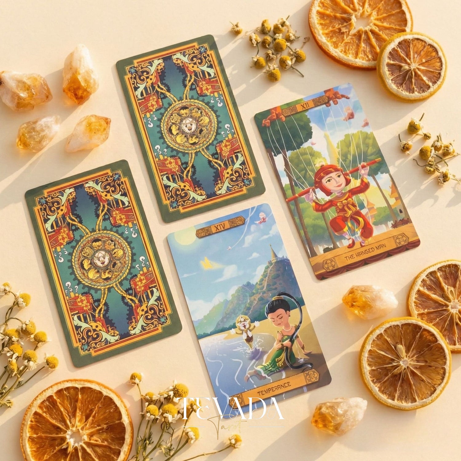 Journey to the Golden Realm Tarot Deck with cute Burmese mythology art and matte-teal edges for intuitive guidance.
