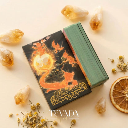 Journey to the Golden Realm Tarot Deck with cute Burmese mythology art and matte-teal edges for intuitive guidance.