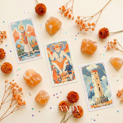 Flower Spirit Tarot adorable pastoral cartoon indie tarot deck for inner child healing and self-discovery.