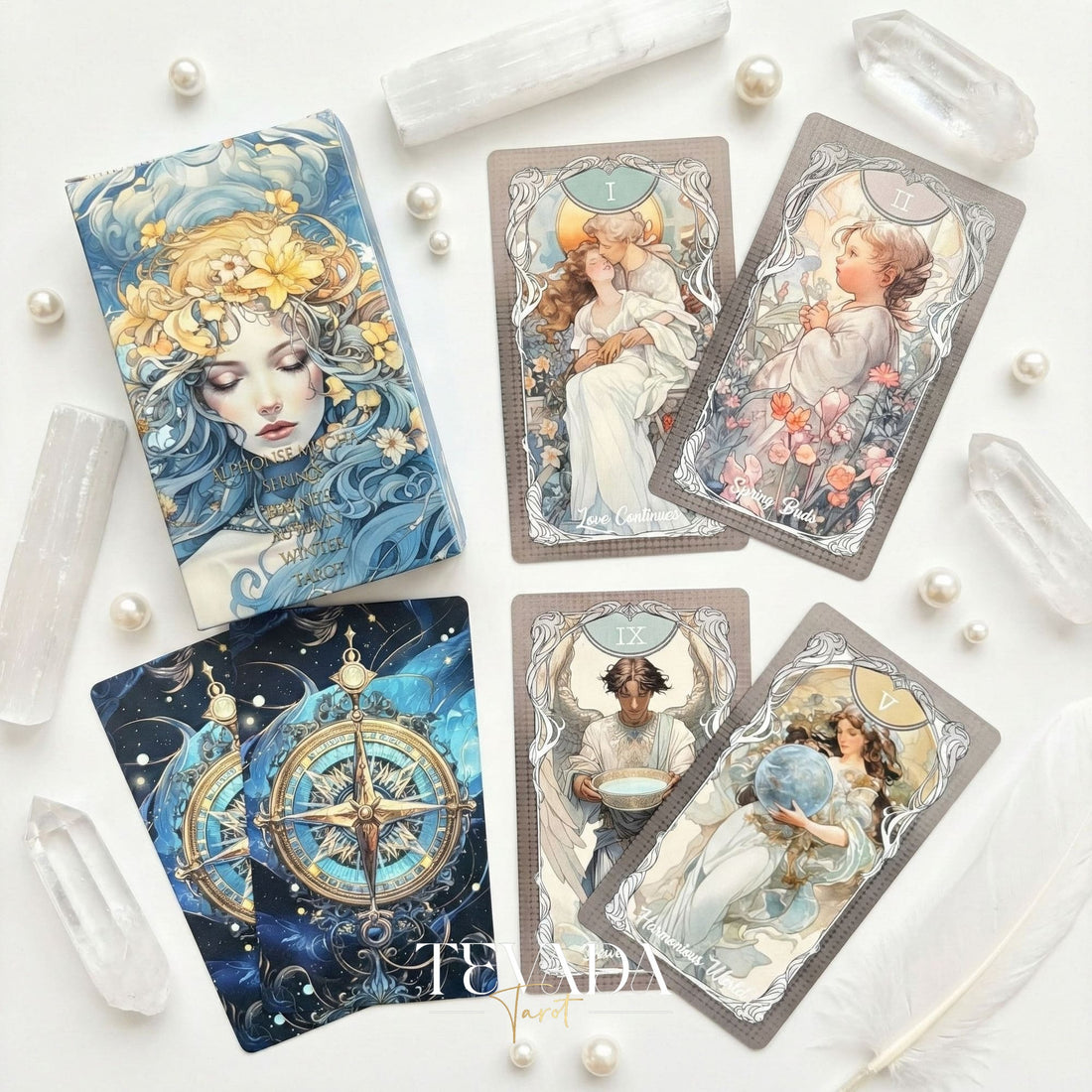 Four Seasons Garden Tarot Art Nouveau style Indie Tarot Deck for intuitive healing and nature connection.