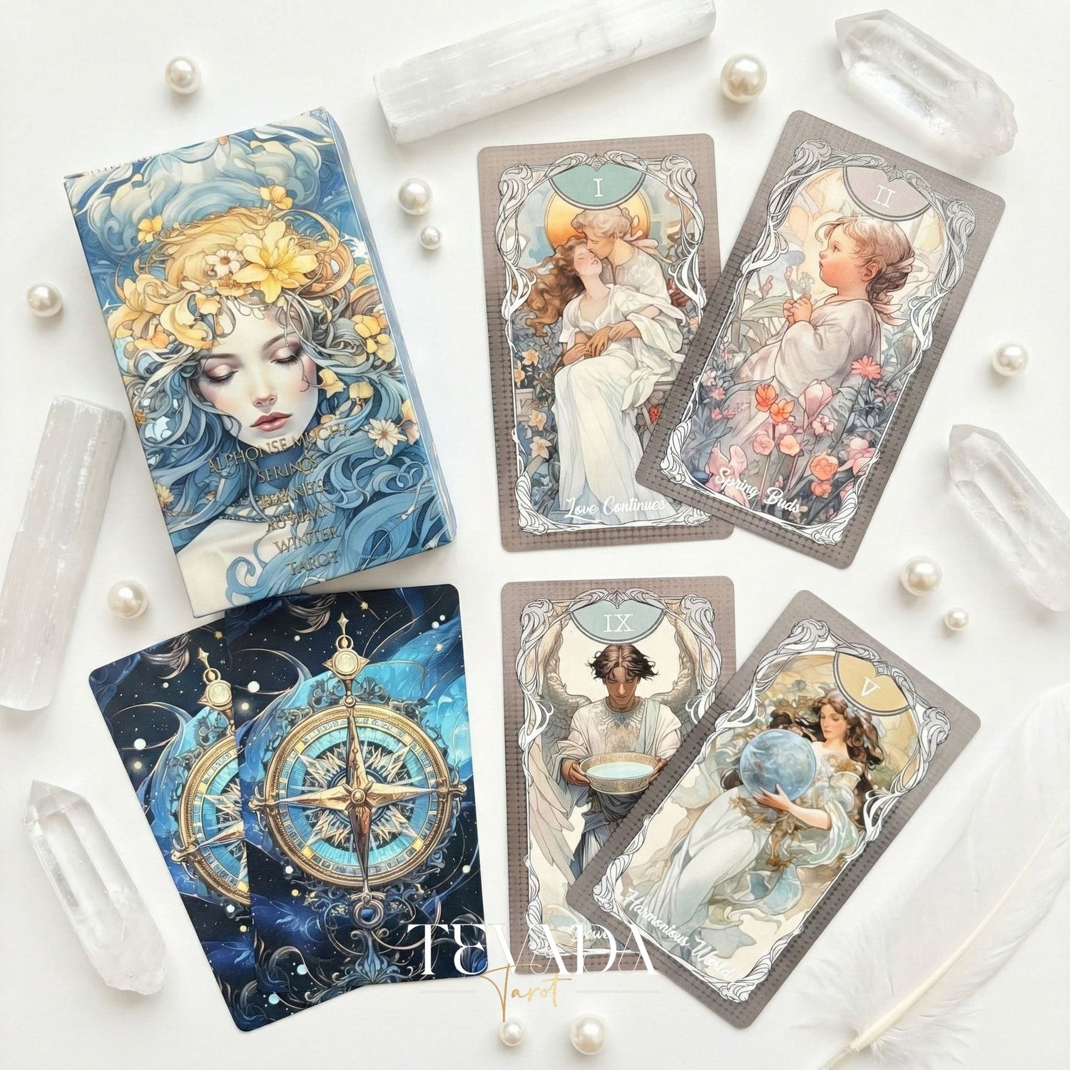 Four Seasons Garden Tarot Art Nouveau style Indie Tarot Deck for intuitive healing and nature connection.