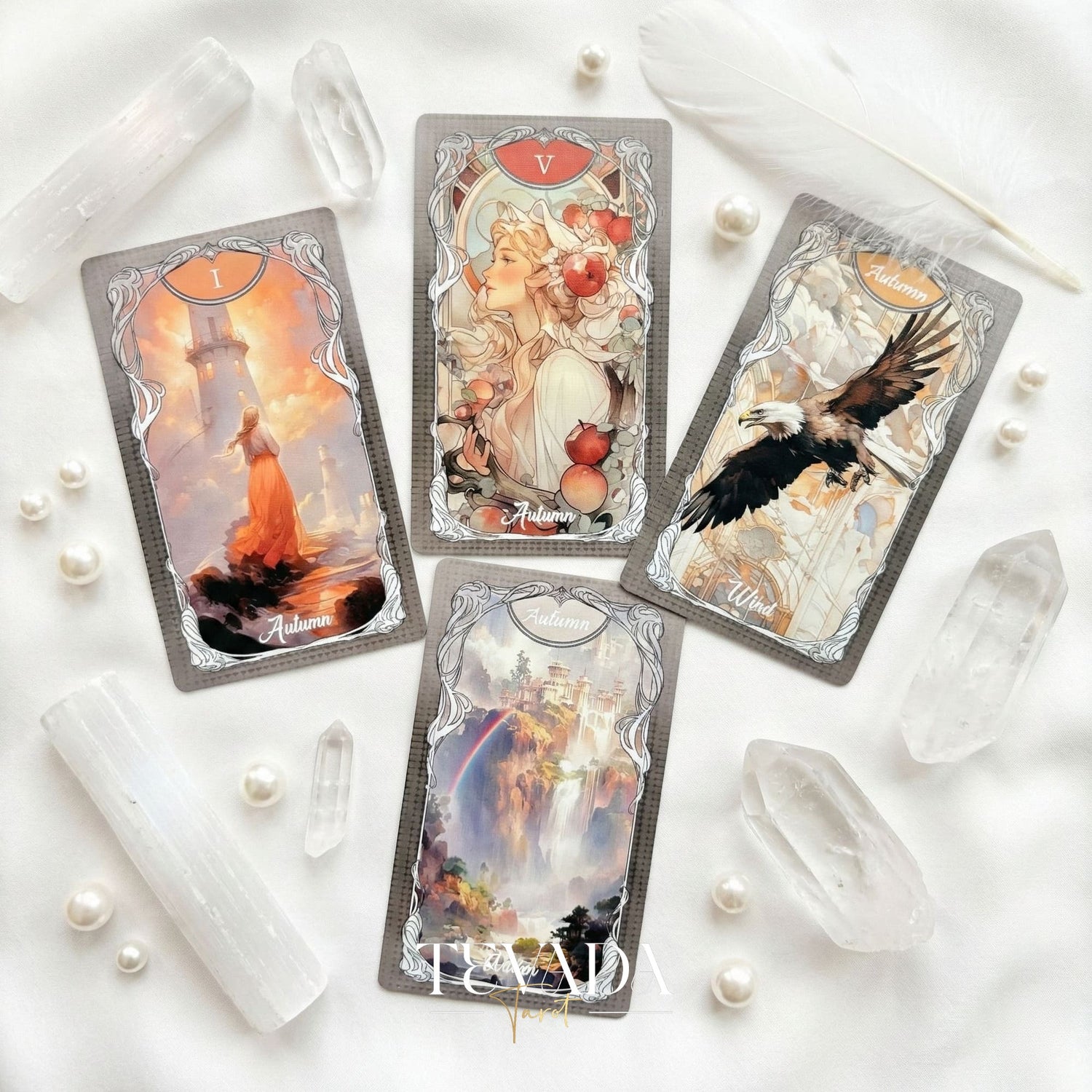 Four Seasons Garden Tarot Art Nouveau style Indie Tarot Deck for intuitive healing and nature connection.