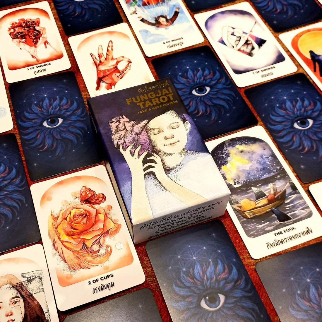 Fungjai Tarot Love &amp; Hope Edt featuring vintage cartoon art for emotional healing and self-care.