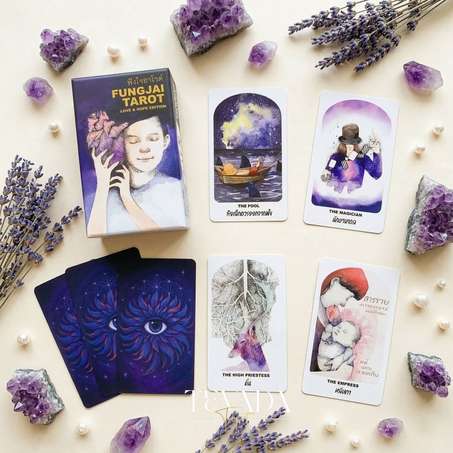 Fungjai Tarot Love &amp; Hope Edt featuring vintage cartoon art for emotional healing and self-care.
