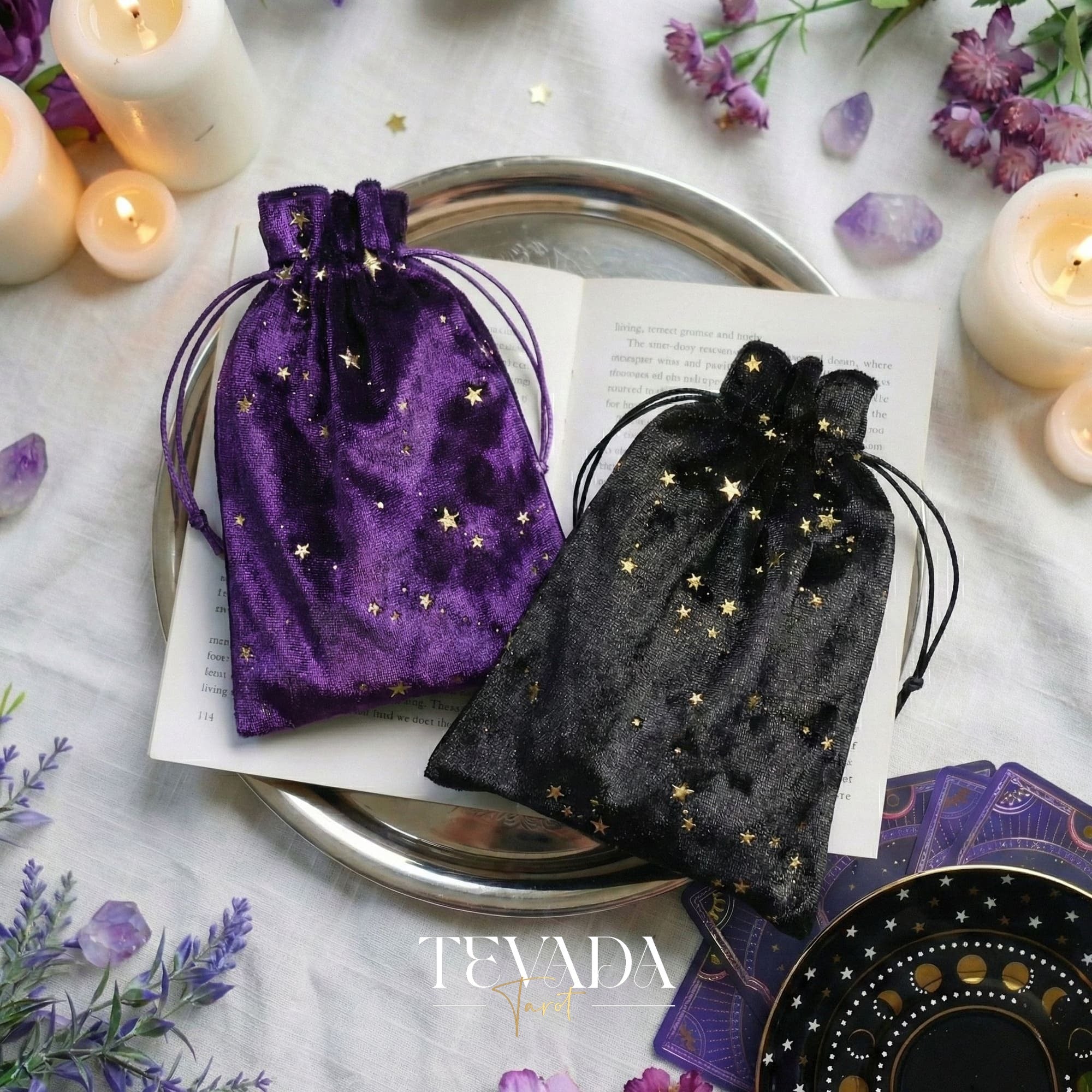 THE GALAXY Velvet Tarot Pouch in Black and Purple with gold stars for protecting tarot decks and altar decor