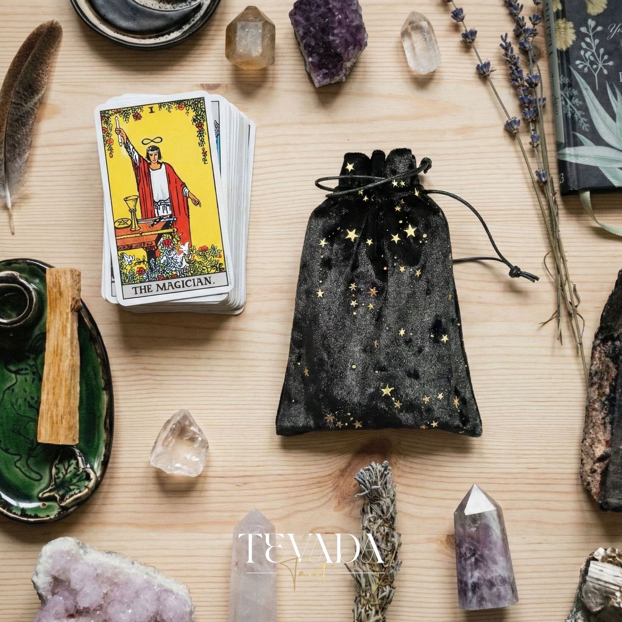 THE GALAXY Velvet Tarot Pouch in Black and Purple with gold stars for protecting tarot decks and altar decor