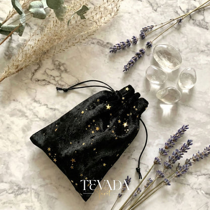 THE GALAXY Velvet Tarot Pouch in Black and Purple with gold stars for protecting tarot decks and altar decor