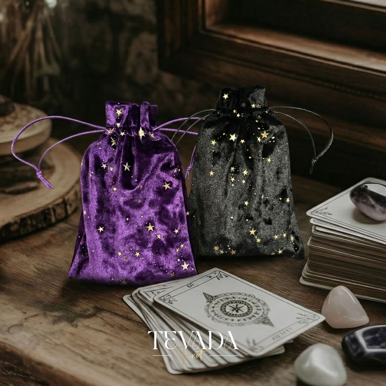 THE GALAXY Velvet Tarot Pouch in Black and Purple with gold stars for protecting tarot decks and altar decor