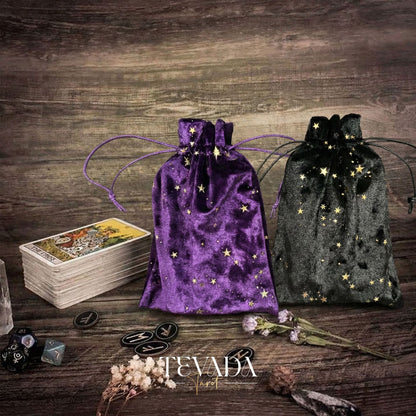 THE GALAXY Velvet Tarot Pouch in Black and Purple with gold stars for protecting tarot decks and altar decor