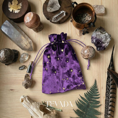 THE GALAXY Velvet Tarot Pouch in Black and Purple with gold stars for protecting tarot decks and altar decor