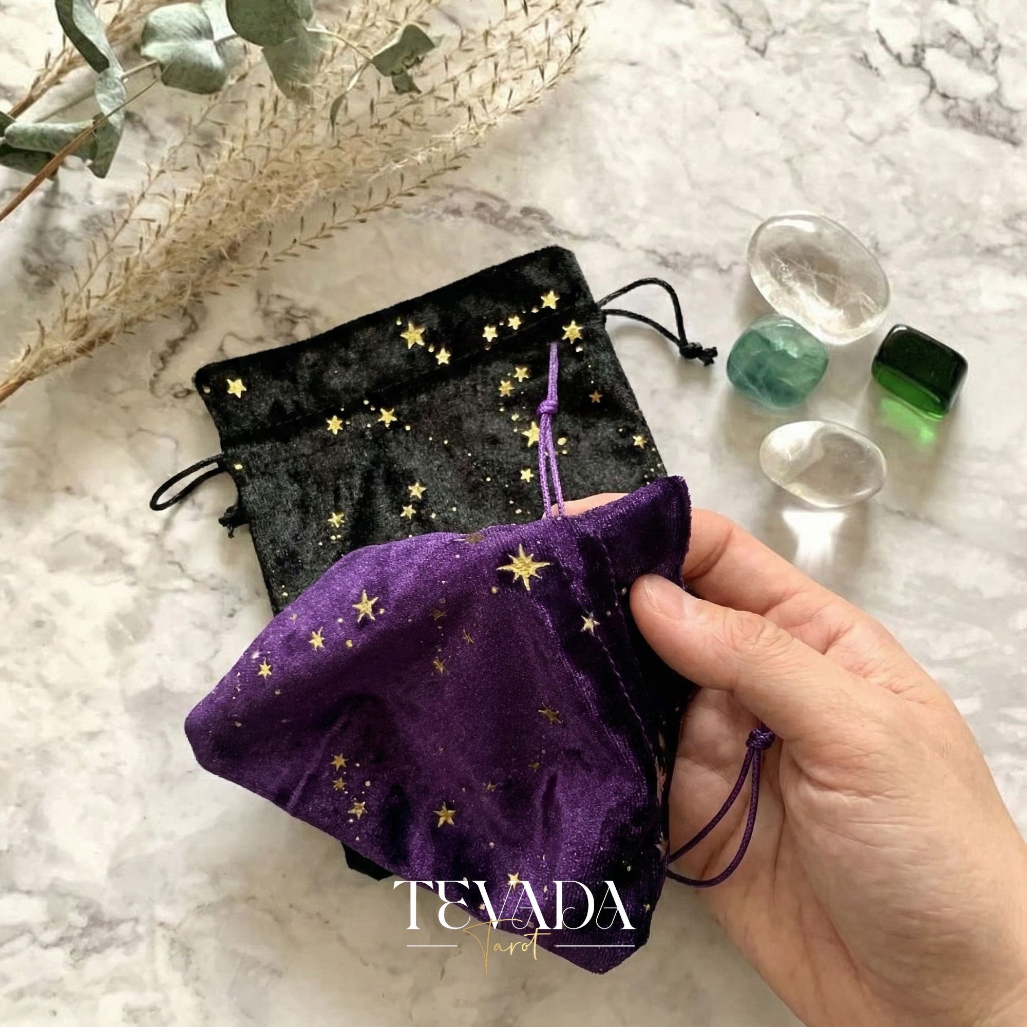 THE GALAXY Velvet Tarot Pouch in Black and Purple with gold stars for protecting tarot decks and altar decor