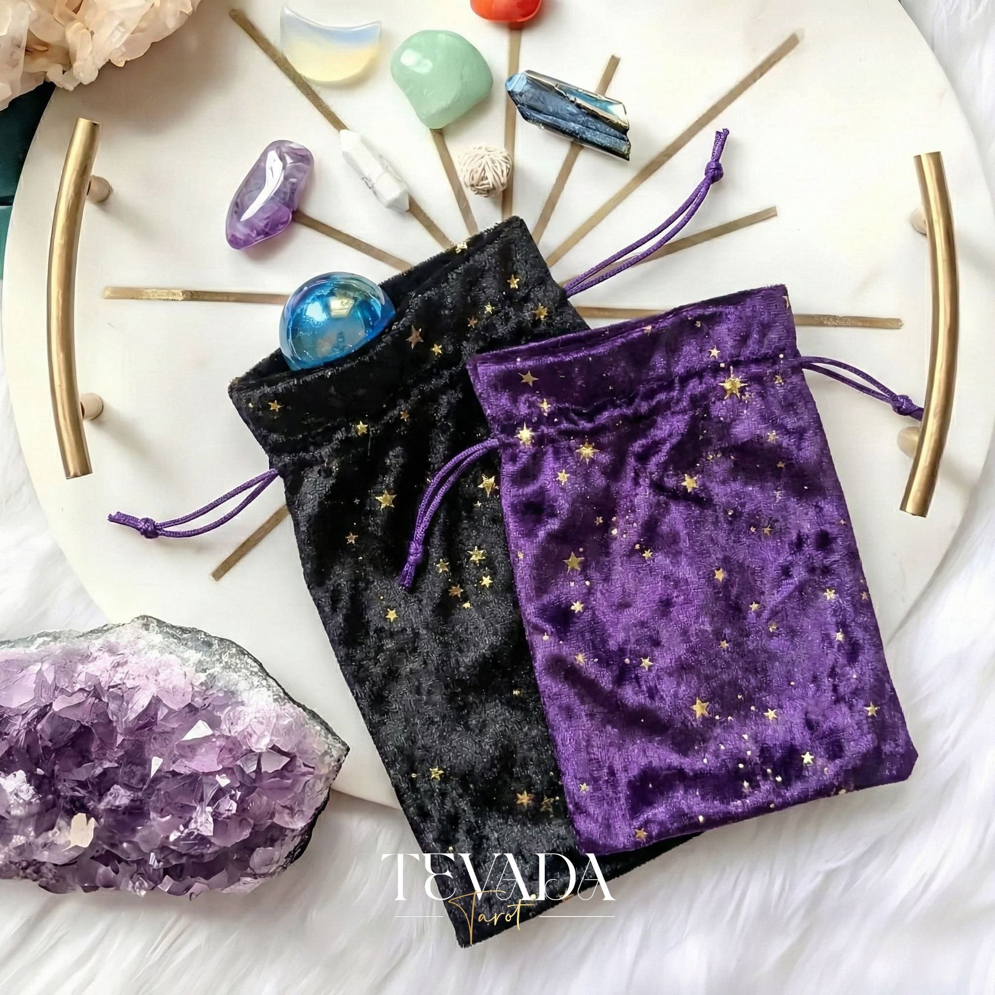 THE GALAXY Velvet Tarot Pouch in Black and Purple with gold stars for protecting tarot decks and altar decor
