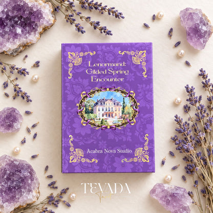 La caja morada Gilded Spring Encounter Lenormand con una casa ilustrada en la portada, decorada con cristales de amatista, lavanda y perlas.
