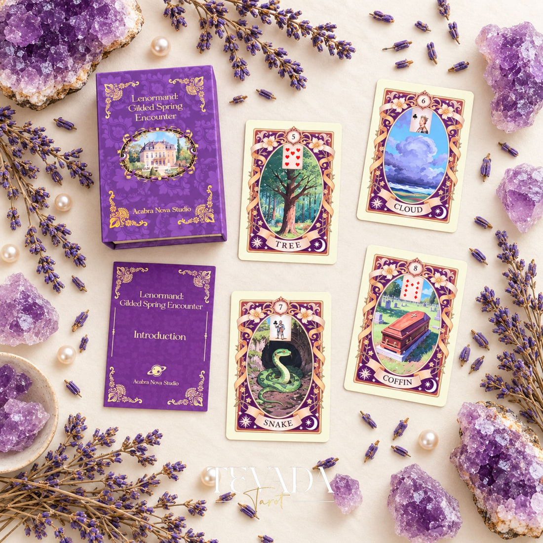 Gilded Spring Encounter Lenormand purple box and English introduction booklet beside the Tree, Cloud, Snake and Coffin cards, styled with amethyst and lavender.