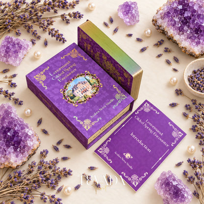 La caja abierta de Gilded Spring Encounter Lenormand y el folleto de introducción morado se muestran entre cristales de amatista y ramitas de lavanda.
