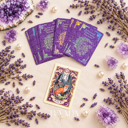 Un abanico de tarjetas Gilded Spring Encounter Lenormand con reverso floral púrpura junto a la tarjeta Fox, decoradas con cristales de amatista y lavanda.