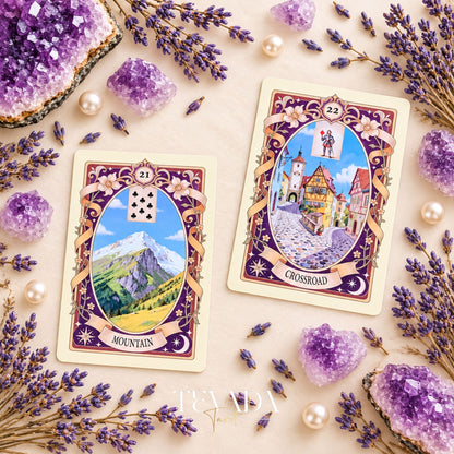 Las cartas de Montaña y Cruce de Gilded Spring Encounter Lenormand se muestran una al lado de la otra sobre una superficie de marfil con amatista y lavanda.