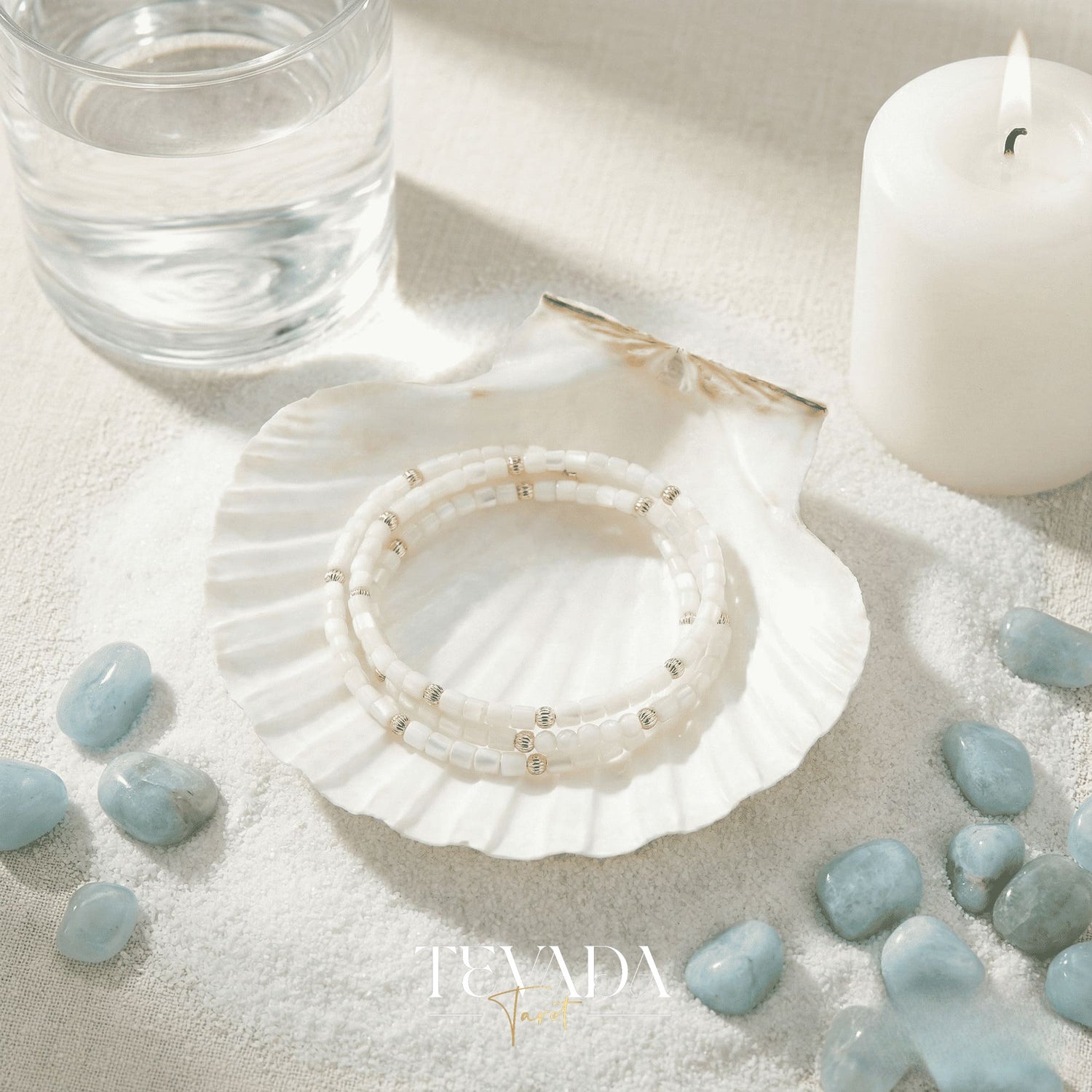 Hand-made Crystal Bracelet in Black Obsidian, Moonstone, and Shell Stone for grounding energy and daily spiritual practice.