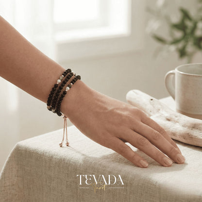 Hand-made Crystal Bracelet in Black Obsidian, Moonstone, and Shell Stone for grounding energy and daily spiritual practice.