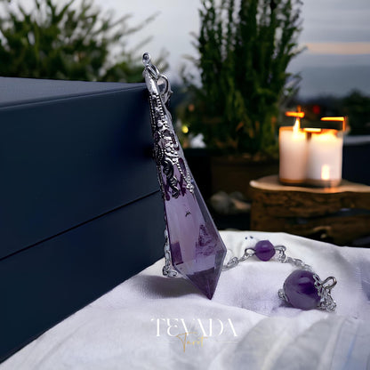 Healing Amethyst Pendulum Necklace in natural violet stone for anxiety relief and dowsing rituals.
