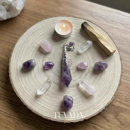 Healing Amethyst Pendulum Necklace in natural violet stone for anxiety relief and dowsing rituals.