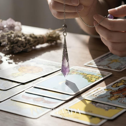 Healing Amethyst Pendulum Necklace in natural violet stone for anxiety relief and dowsing rituals.