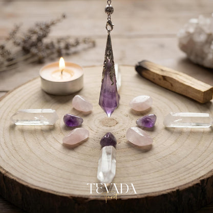 Healing Amethyst Pendulum Necklace in natural violet stone for anxiety relief and dowsing rituals.