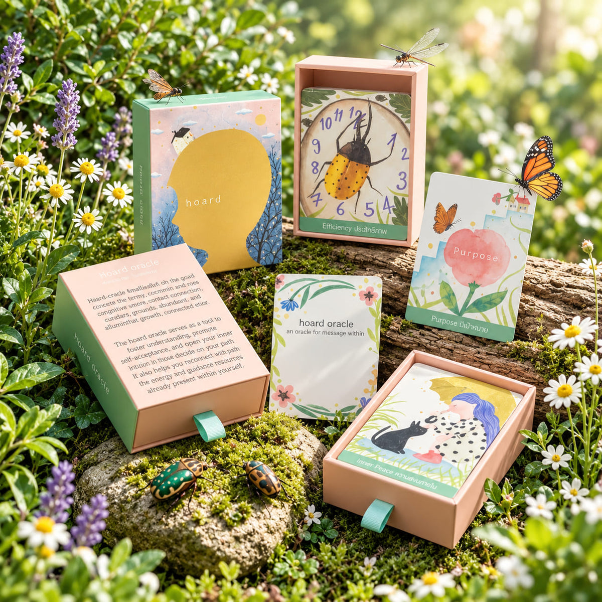 Heard Oracle card spread with bilingual guidebook panels and a QR code for the digital ebooklet.