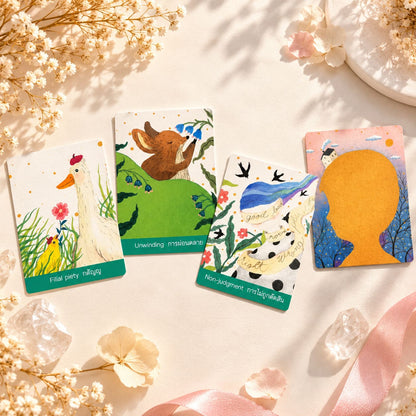 Four Heard Oracle cards with bilingual needs such as Filial Piety, Unwinding, and Non-judgment.