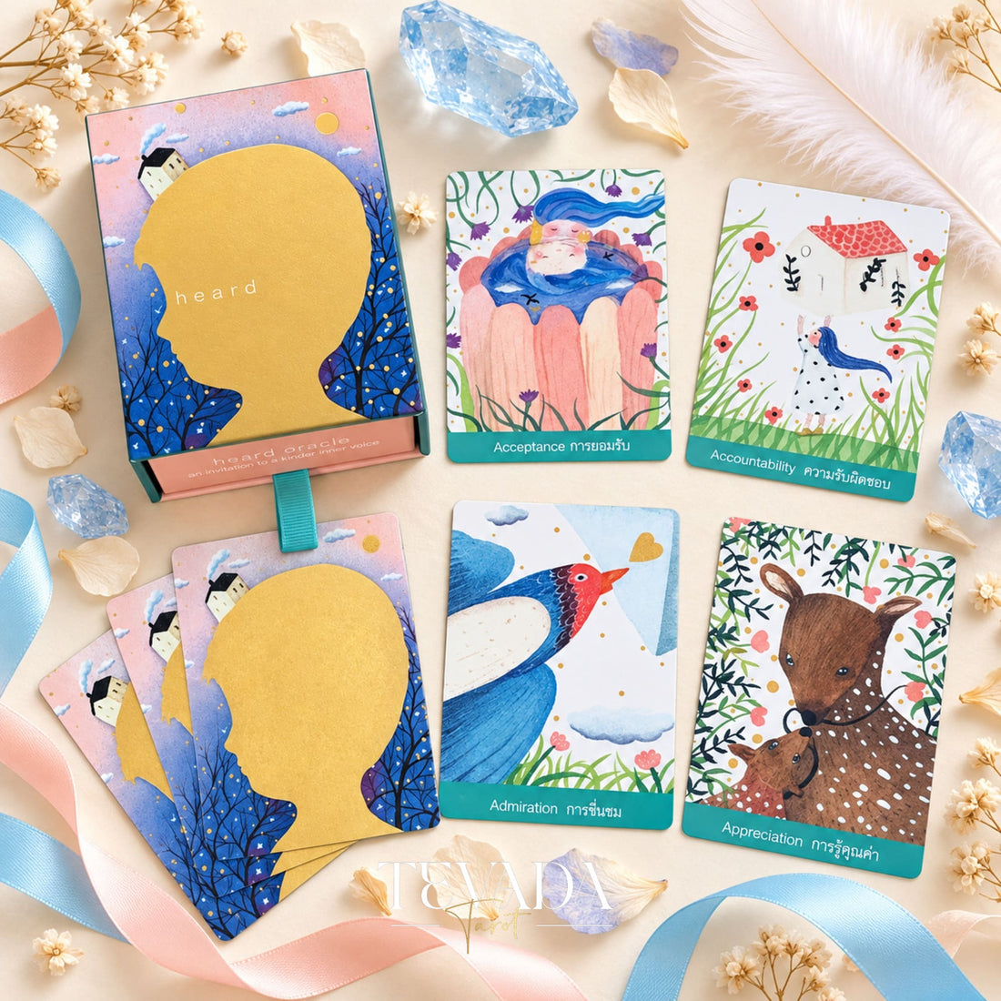 Heard Oracle sliding box with card backs and four illustrated card fronts.