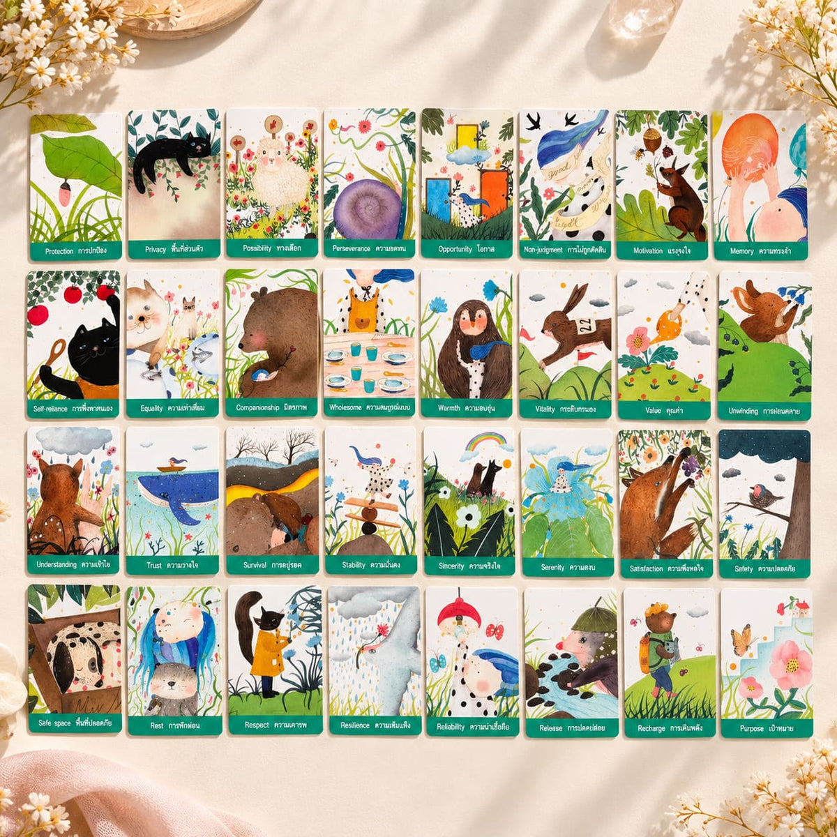 Heard Oracle spread of pastel bilingual cards with animals, flowers, and everyday scenes.
