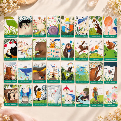Heard Oracle spread of pastel bilingual cards with animals, flowers, and everyday scenes.