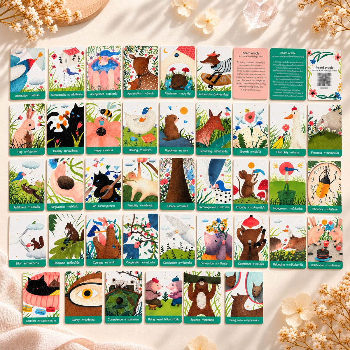 Heard Oracle card spread with bilingual guidebook panels and a QR code for the digital ebooklet.