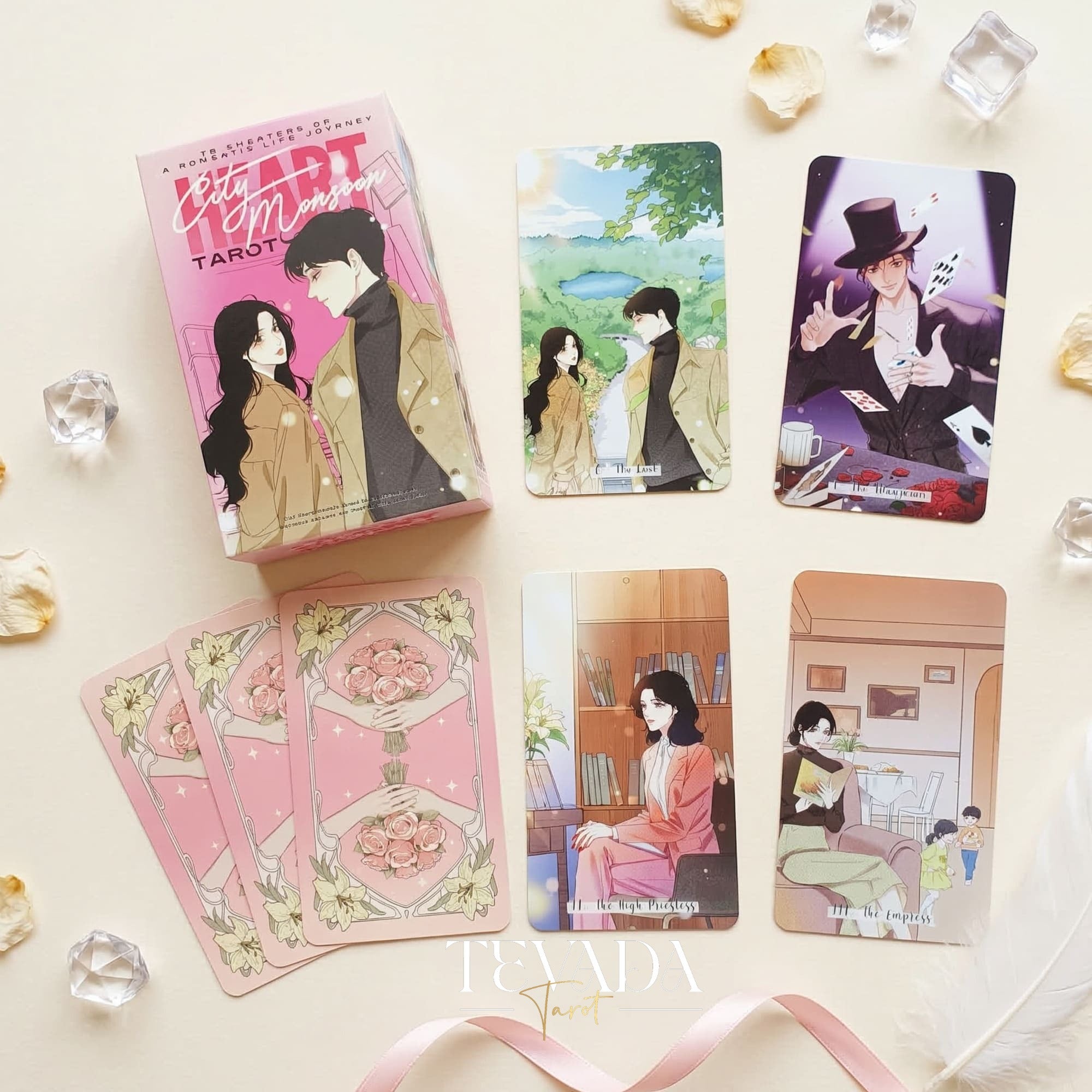 Heart City Monsoon Tarot PINK Edt vintage Manhwa style Indie Tarot Deck with pink holographic edges for love readings.