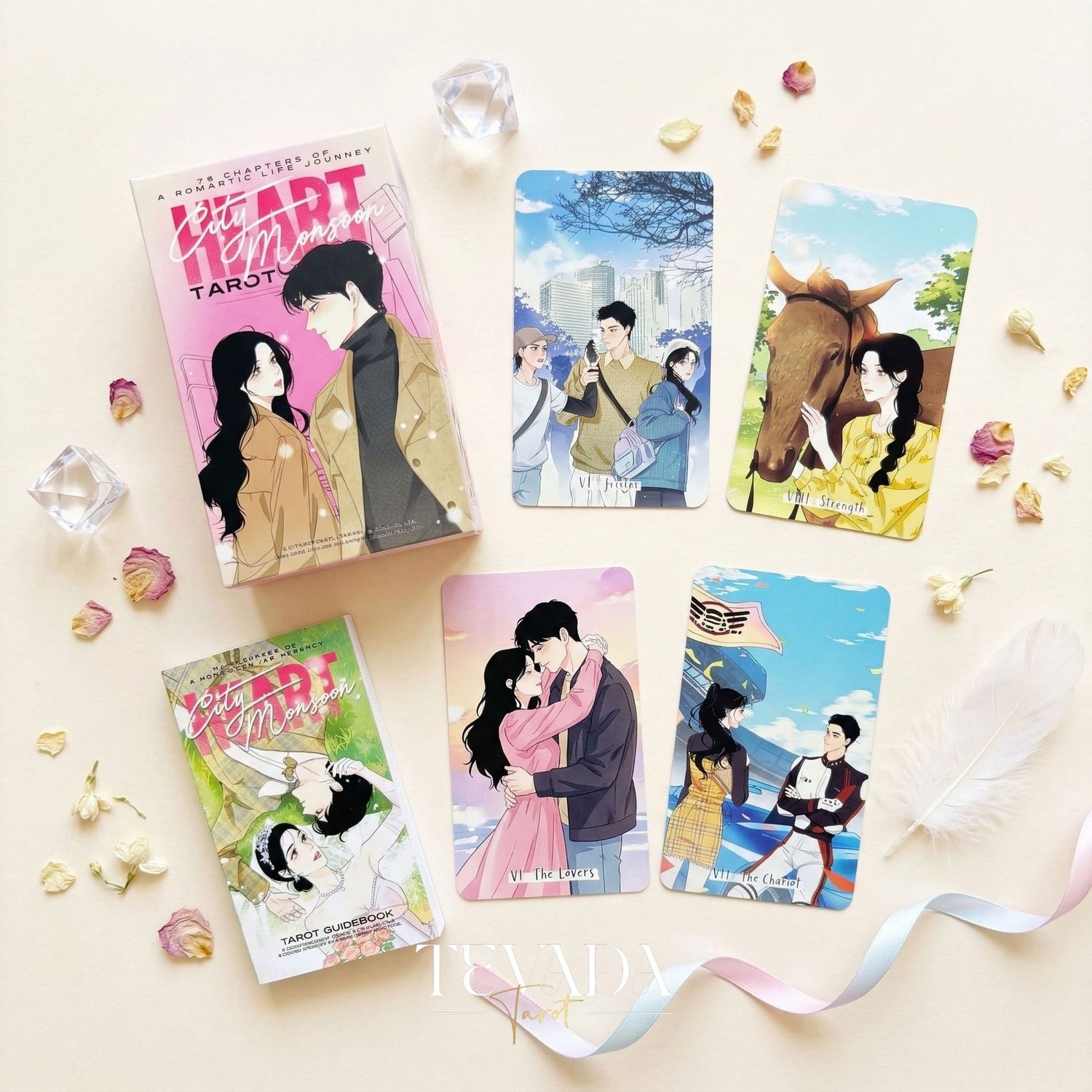 Heart City Monsoon Tarot PINK Edt vintage Manhwa style Indie Tarot Deck with pink holographic edges for love readings.
