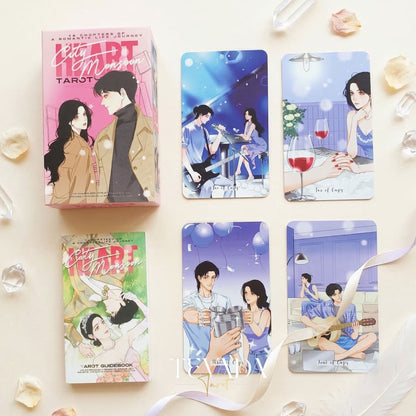 Heart City Monsoon Tarot PINK Edt vintage Manhwa style Indie Tarot Deck with pink holographic edges for love readings.