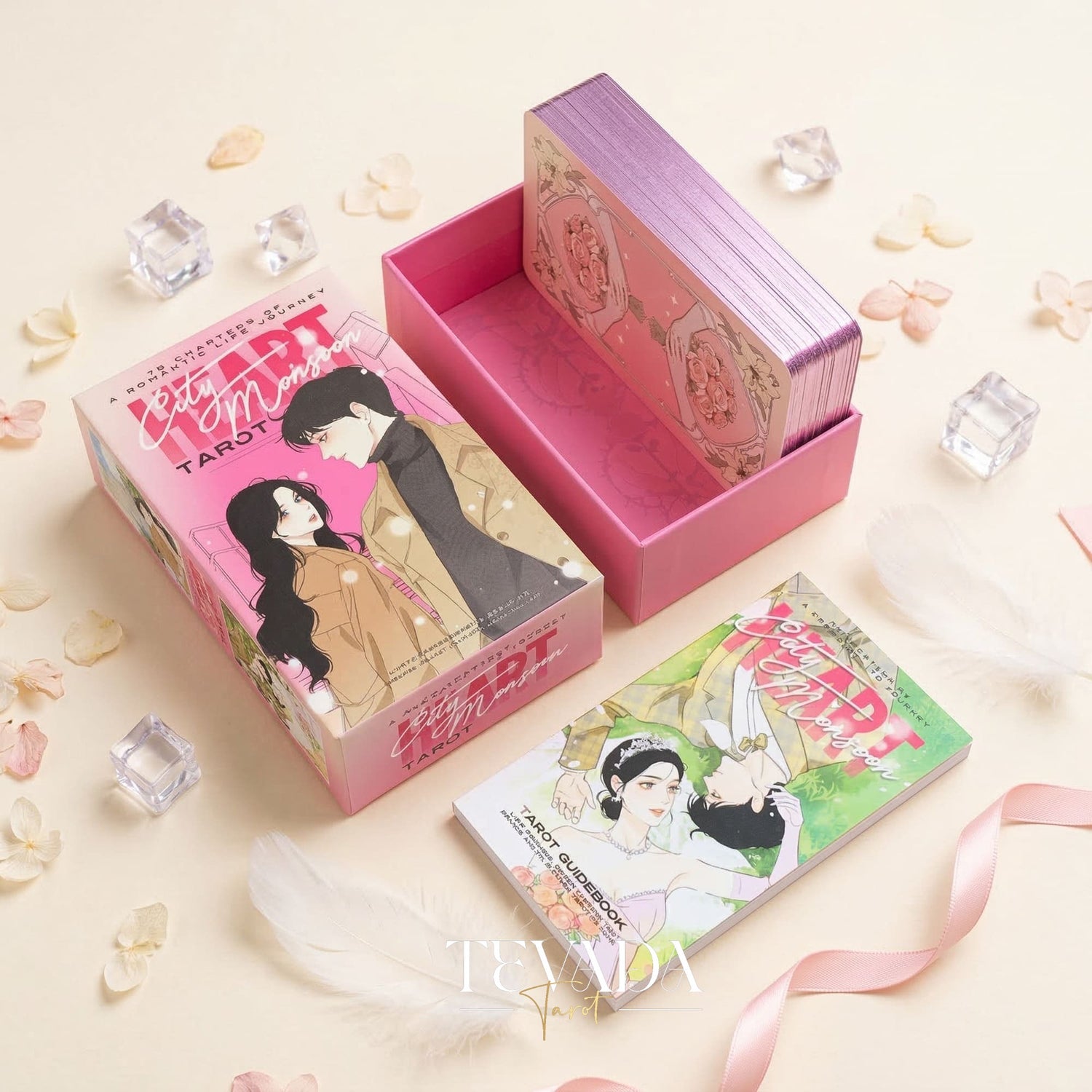 Heart City Monsoon Tarot PINK Edt vintage Manhwa style Indie Tarot Deck with pink holographic edges for love readings.