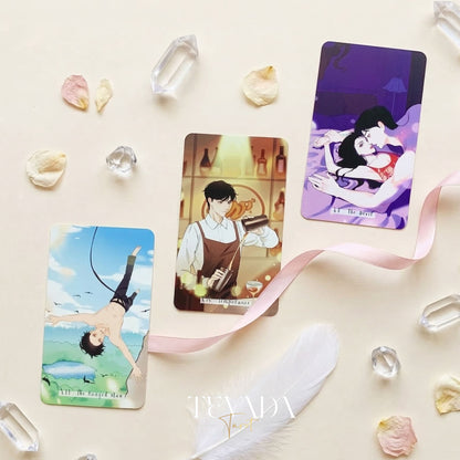 Heart City Monsoon Tarot PINK Edt vintage Manhwa style Indie Tarot Deck with pink holographic edges for love readings.