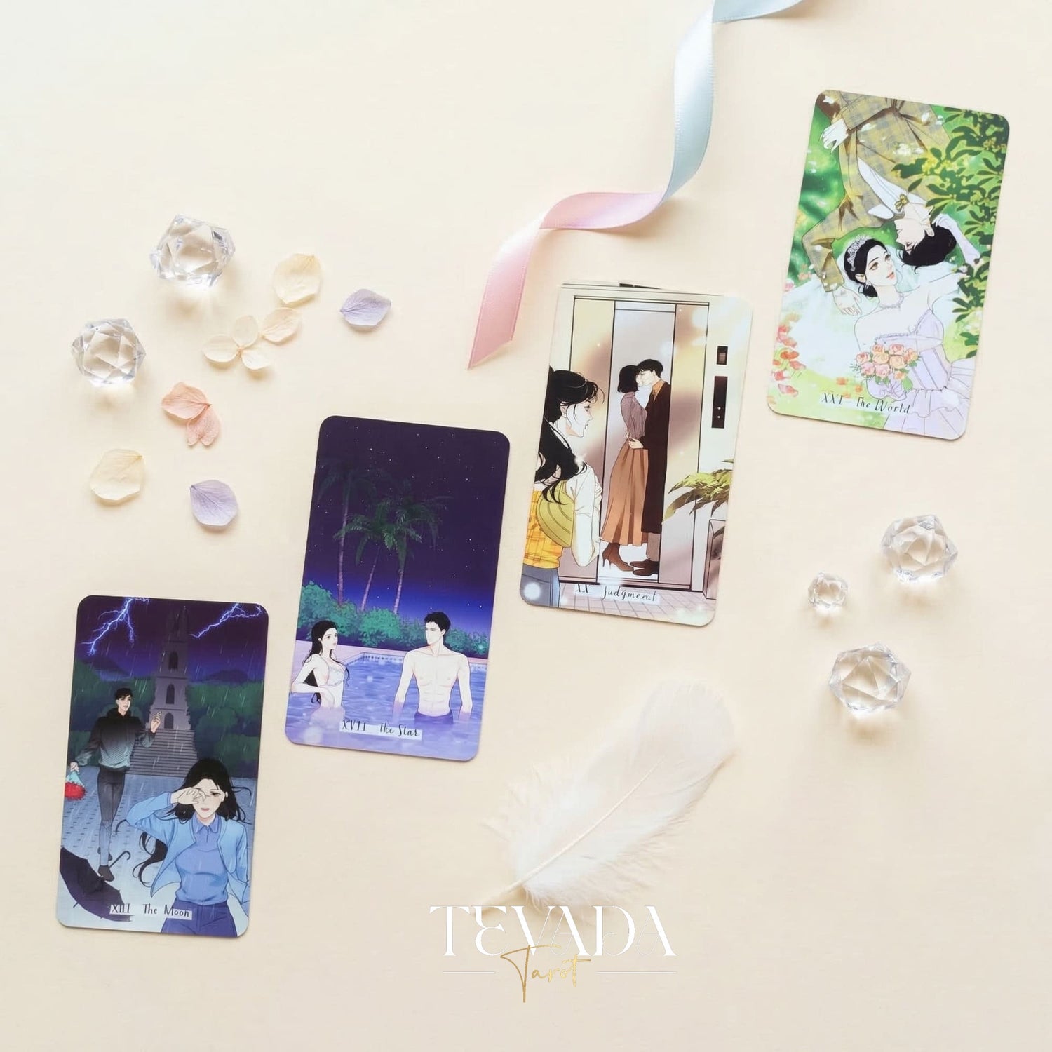 Heart City Monsoon Tarot PINK Edt vintage Manhwa style Indie Tarot Deck with pink holographic edges for love readings.