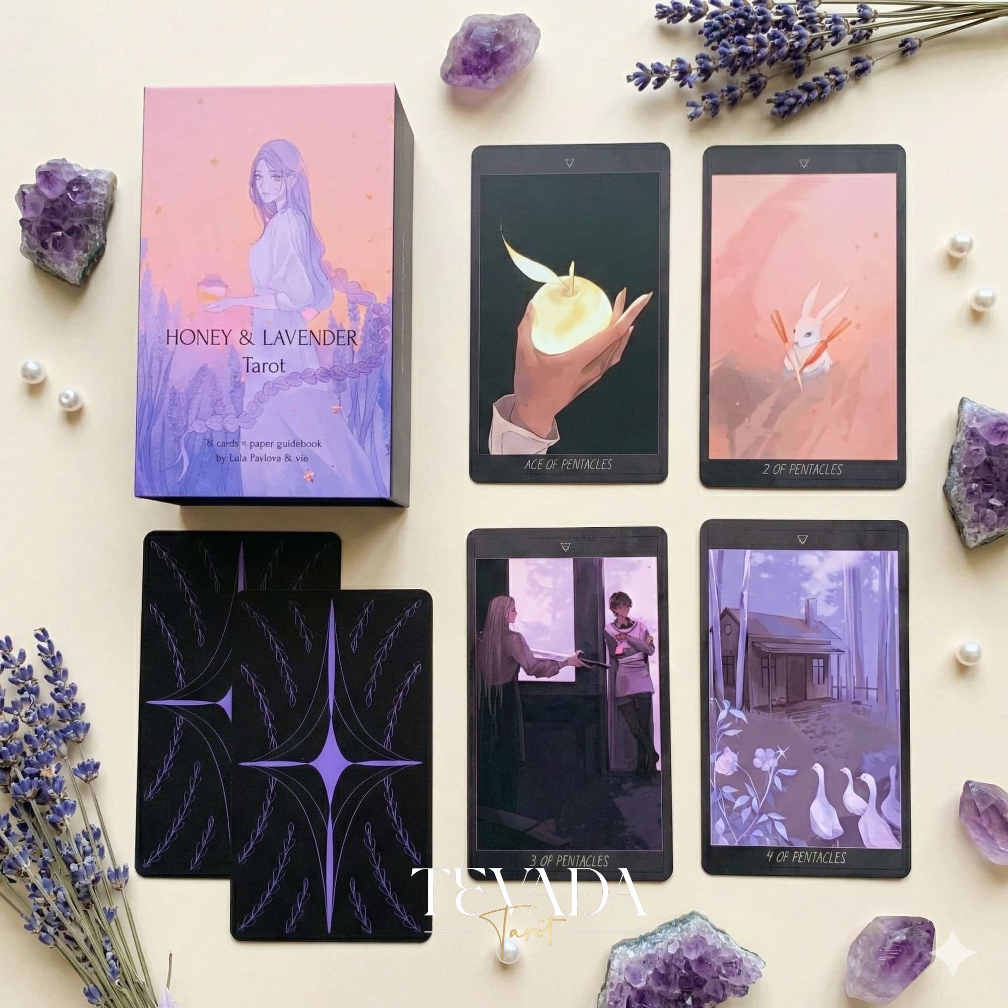 Honey and Lavender Tarot Deck featuring soft gothic Asian style art for shadow work and intuitive healing.
