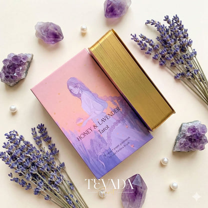 Honey and Lavender Tarot Deck featuring soft gothic Asian style art for shadow work and intuitive healing.