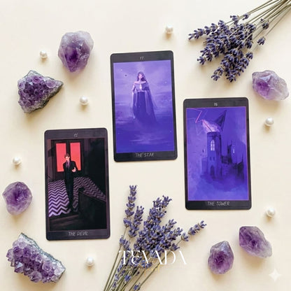 Honey and Lavender Tarot Deck featuring soft gothic Asian style art for shadow work and intuitive healing.