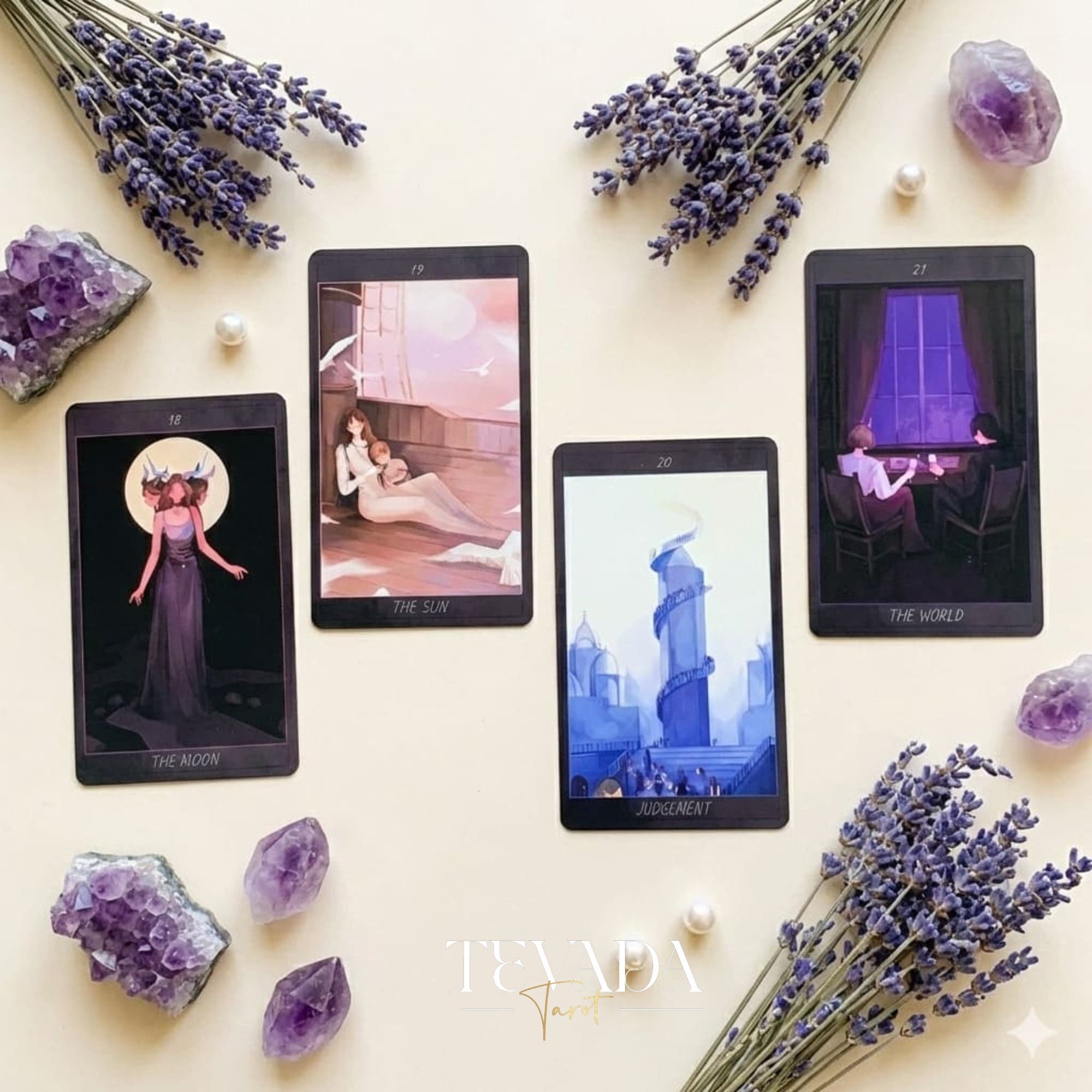 Honey and Lavender Tarot Deck featuring soft gothic Asian style art for shadow work and intuitive healing.