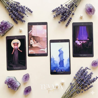 Honey and Lavender Tarot Deck featuring soft gothic Asian style art for shadow work and intuitive healing.