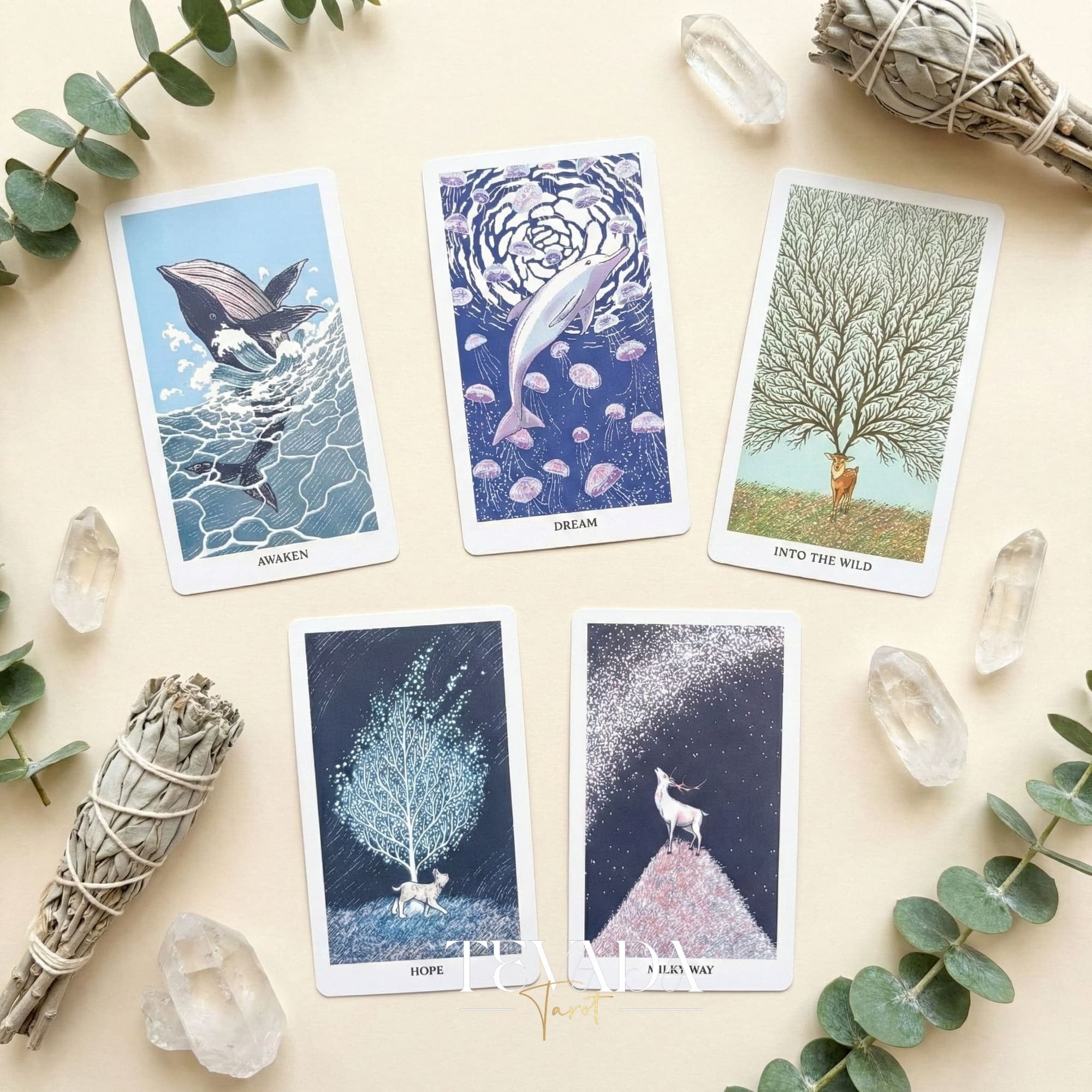 Into the Wild Tarot EMERALD ver featuring whimsical cartoon animals and green holographic edges for healing guidance.