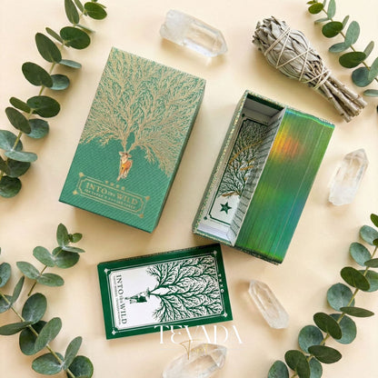 Into the Wild Tarot EMERALD ver featuring whimsical cartoon animals and green holographic edges for healing guidance.