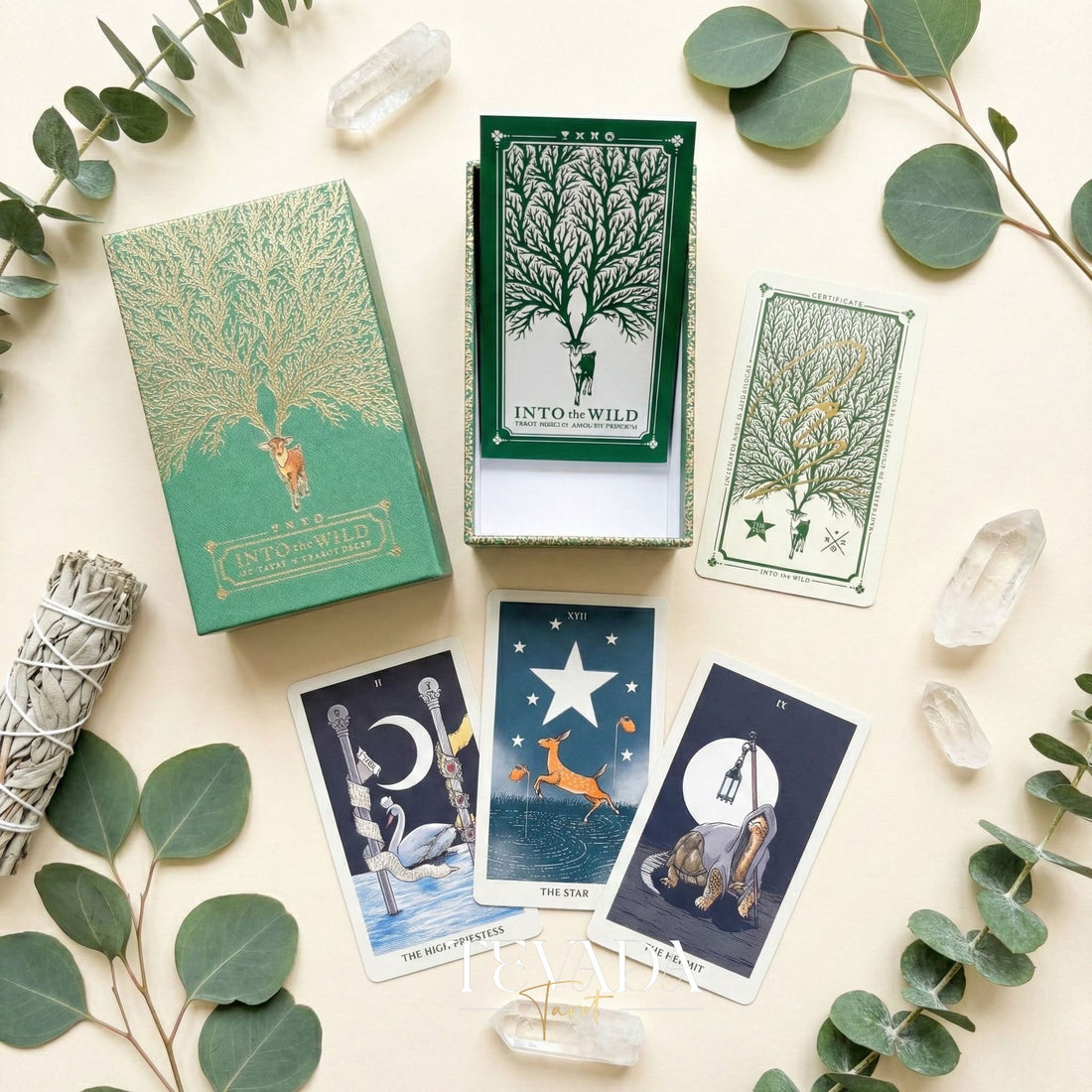 Into the Wild Tarot EMERALD ver featuring whimsical cartoon animals and green holographic edges for healing guidance.