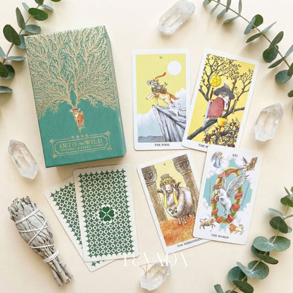 Into the Wild Tarot EMERALD ver featuring whimsical cartoon animals and green holographic edges for healing guidance.