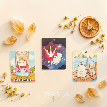 Jiuyujiang Chubby Cat Tarot Deck featuring funny cartoon kittens and pocket size cards for lighthearted divination.