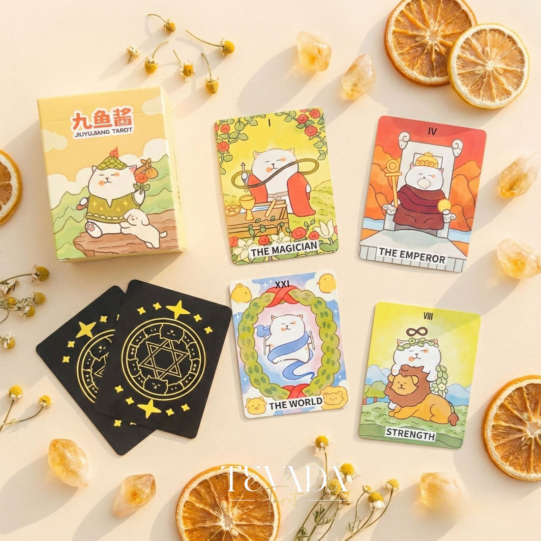 Jiuyujiang Chubby Cat Tarot Deck featuring funny cartoon kittens and pocket size cards for lighthearted divination.
